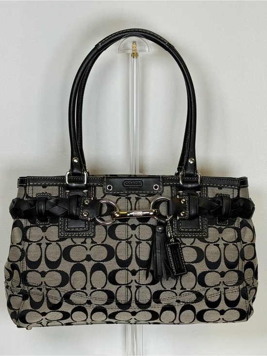 Coach Handbags - COACH | Vintage ‘Hampton’ Signature Monogram Black & Gray Bag Leather Trim